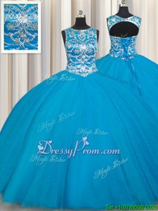 Cute Aqua Blue Lace Up Scoop Beading Quinceanera Dress Tulle Sleeveless