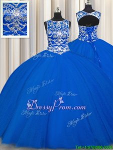 Fantastic Scoop Sleeveless Lace Up Ball Gown Prom Dress Royal Blue Tulle