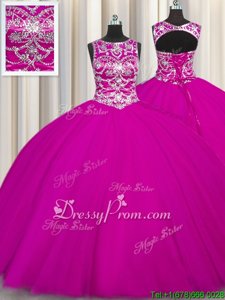 Graceful Sleeveless Floor Length Beading and Appliques Lace Up Quinceanera Dresses with Fuchsia
