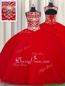 Best Selling Red Ball Gown Prom Dress Military Ball and Sweet 16 and Quinceanera and For withBeading Scoop Sleeveless Lace Up
