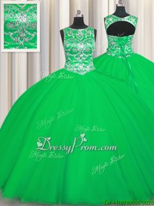 Discount Floor Length Green Vestidos de Quinceanera Scoop Sleeveless Lace Up