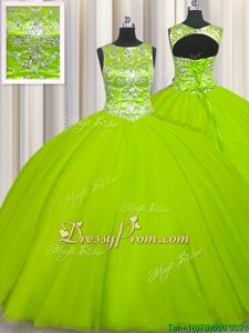 High Class Spring and Summer and Fall and Winter Tulle Sleeveless Floor Length Ball Gown Prom Dress andBeading