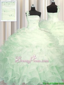 Traditional Apple Green Ball Gowns One Shoulder Sleeveless Organza Floor Length Zipper Beading and Ruffles Quinceanera Dresses
