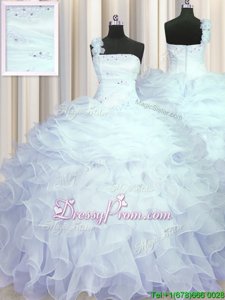 Exquisite Beading and Ruffles Quince Ball Gowns Light Blue Zipper Sleeveless Floor Length