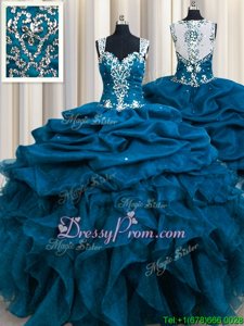 Sophisticated Teal Zipper Straps Beading and Ruffles and Sequins Quinceanera Dresses Organza Sleeveless