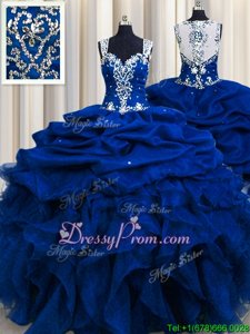 Best Selling Royal Blue Quinceanera Dress Military Ball and Sweet 16 and Quinceanera and For withBeading and Ruffles and Sequins Straps Sleeveless Zipper