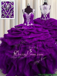 Decent Eggplant Purple and Purple Ball Gown Prom Dress Military Ball and Sweet 16 and Quinceanera and For withBeading and Ruffles and Sequins Straps Sleeveless Zipper