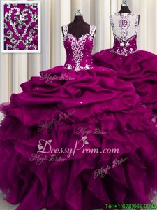Chic Fuchsia Organza Zipper Straps Sleeveless Floor Length Sweet 16 Dress Beading and Ruffles and Sequins