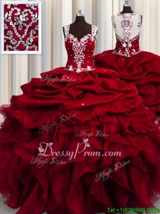 Ideal Wine Red Zipper Quinceanera Gowns Beading and Ruffles and Sequins Sleeveless Floor Length