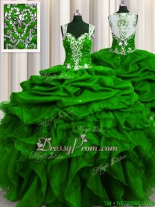 Delicate Floor Length Zipper Quinceanera Dress Green and In forMilitary Ball and Sweet 16 and Quinceanera withBeading and Ruffles and Sequins