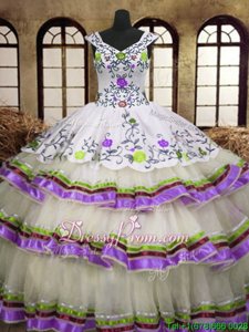 Multi-color Lace Up V-neck Embroidery and Ruffled Layers Sweet 16 Dress Organza Sleeveless