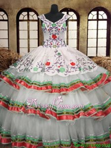 Hot Selling Floor Length Multi-color Quinceanera Dress Organza Sleeveless Spring and Summer and Fall and Winter Embroidery and Ruffled Layers