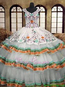 Modern Floor Length Multi-color Vestidos de Quinceanera Organza Sleeveless Spring and Summer and Fall and Winter Embroidery and Ruffled Layers