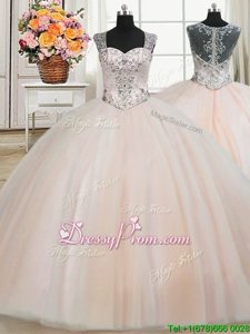 Extravagant Ball Gowns Quinceanera Gowns Peach Straps Tulle Cap Sleeves Floor Length Zipper
