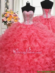 Colorful Coral Red Sleeveless Floor Length Beading and Ruffles Lace Up Quinceanera Dress
