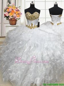 Great Sleeveless Organza Floor Length Lace Up Ball Gown Prom Dress inWhite forSpring and Summer and Fall and Winter withBeading and Ruffles