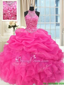 New Style Hot Pink High-neck Lace Up Beading and Ruffles and Pick Ups Quinceanera Gowns Sleeveless