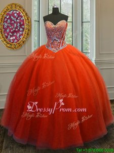 Top Selling Orange Ball Gowns Sweetheart Sleeveless Tulle Floor Length Lace Up Beading Ball Gown Prom Dress