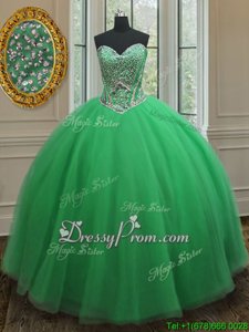 Super Sweetheart Sleeveless Quinceanera Dresses Floor Length Beading Green Tulle