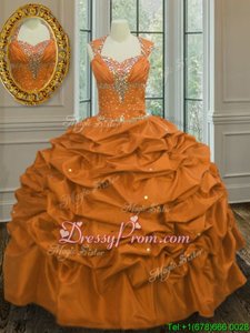 Best Orange Ball Gowns Straps Sleeveless Taffeta Floor Length Lace Up Beading and Pick Ups Quinceanera Gown