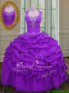 Custom Fit Straps Sleeveless Lace Up 15 Quinceanera Dress Purple Taffeta