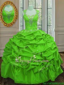 Trendy Straps Cap Sleeves Lace Up Ball Gown Prom Dress Spring Green Taffeta