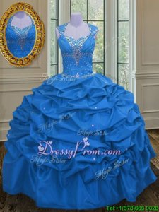 Edgy Floor Length Blue Vestidos de Quinceanera Taffeta Sleeveless Spring and Summer and Fall and Winter Beading and Pick Ups