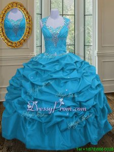 Custom Design Aqua Blue Lace Up Quinceanera Dress Beading and Pick Ups Sleeveless Floor Length
