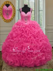 Best Hot Pink Ball Gowns Organza Straps Sleeveless Beading and Ruffles Floor Length Zipper Quinceanera Gown