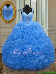Blue Ball Gowns Beading and Ruffles Vestidos de Quinceanera Zipper Organza Sleeveless Floor Length