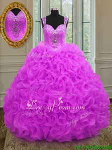 Fashion Fuchsia Straps Lace Up Beading and Ruffles Quince Ball Gowns Sleeveless