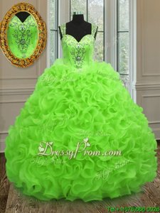 Pretty Sleeveless Floor Length Beading and Ruffles Zipper Quince Ball Gowns with Spring Green