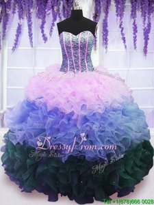High End Multi-color Ball Gowns Sweetheart Sleeveless Organza Floor Length Lace Up Beading and Ruffles and Ruffled Layers Quinceanera Dress