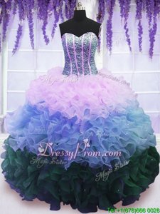 Traditional Floor Length Multi-color Ball Gown Prom Dress Organza Sleeveless Spring and Summer and Fall and Winter Beading and Ruffles and Ruffled Layers