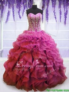 Cheap Lilac Organza Lace Up Sweetheart Sleeveless Floor Length Quinceanera Gowns Beading and Ruffles