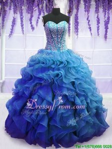 Spectacular Blue Sleeveless Floor Length Beading and Ruffles Lace Up Quinceanera Gowns