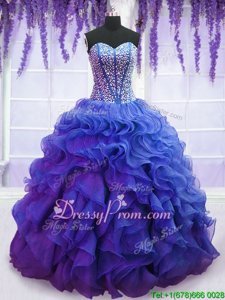 Fitting Sweetheart Sleeveless Vestidos de Quinceanera Floor Length Beading and Ruffles Royal Blue Organza