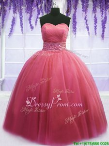 Artistic Sweetheart Sleeveless Sweet 16 Dresses Floor Length Beading and Belt Watermelon Red Tulle
