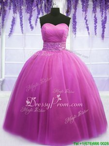 Fine Lilac Sleeveless Beading and Belt Floor Length Quinceanera Dresses