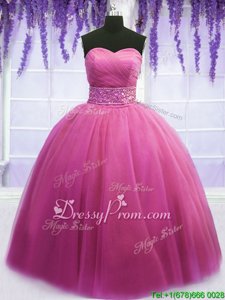 Fabulous Rose Pink Tulle Lace Up Quinceanera Dress Sleeveless Floor Length Beading and Belt