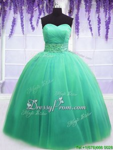 Noble Floor Length Turquoise 15 Quinceanera Dress Tulle Sleeveless Spring and Summer and Fall and Winter Beading and Belt