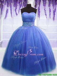 Admirable Blue Lace Up Quince Ball Gowns Beading and Belt Sleeveless Floor Length