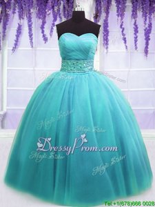 Stunning Blue Tulle Lace Up Sweetheart Sleeveless Floor Length 15th Birthday Dress Belt