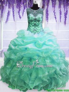 Dynamic Beading and Pick Ups Ball Gown Prom Dress Turquoise Lace Up Sleeveless Floor Length