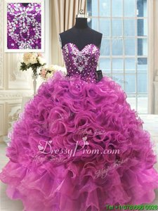 Excellent Sweetheart Sleeveless Quinceanera Dresses Floor Length Beading and Ruffles Fuchsia Organza