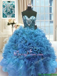 Stunning Blue Lace Up Sweetheart Beading and Ruffles Sweet 16 Dresses Organza Sleeveless