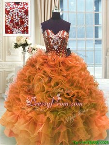 Sleeveless Floor Length Ruffles Lace Up Quince Ball Gowns with Orange