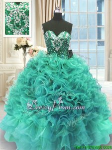 Chic Turquoise Ball Gowns Beading and Ruffles 15th Birthday Dress Lace Up Organza Sleeveless Floor Length