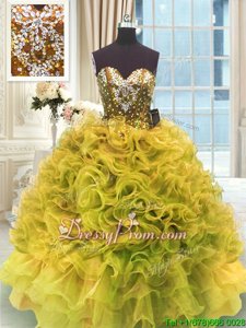 Stylish Floor Length Yellow Green 15th Birthday Dress Sweetheart Sleeveless Lace Up