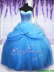 Exquisite Beading and Bowknot Sweet 16 Quinceanera Dress Blue Lace Up Sleeveless Floor Length